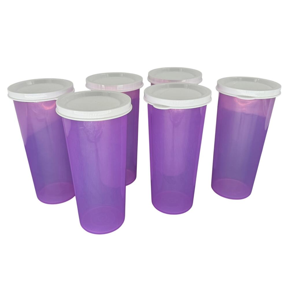 Tupperware 12oz Tabletop Tumblers Cups Set of 6 Translucent Purple White Lids